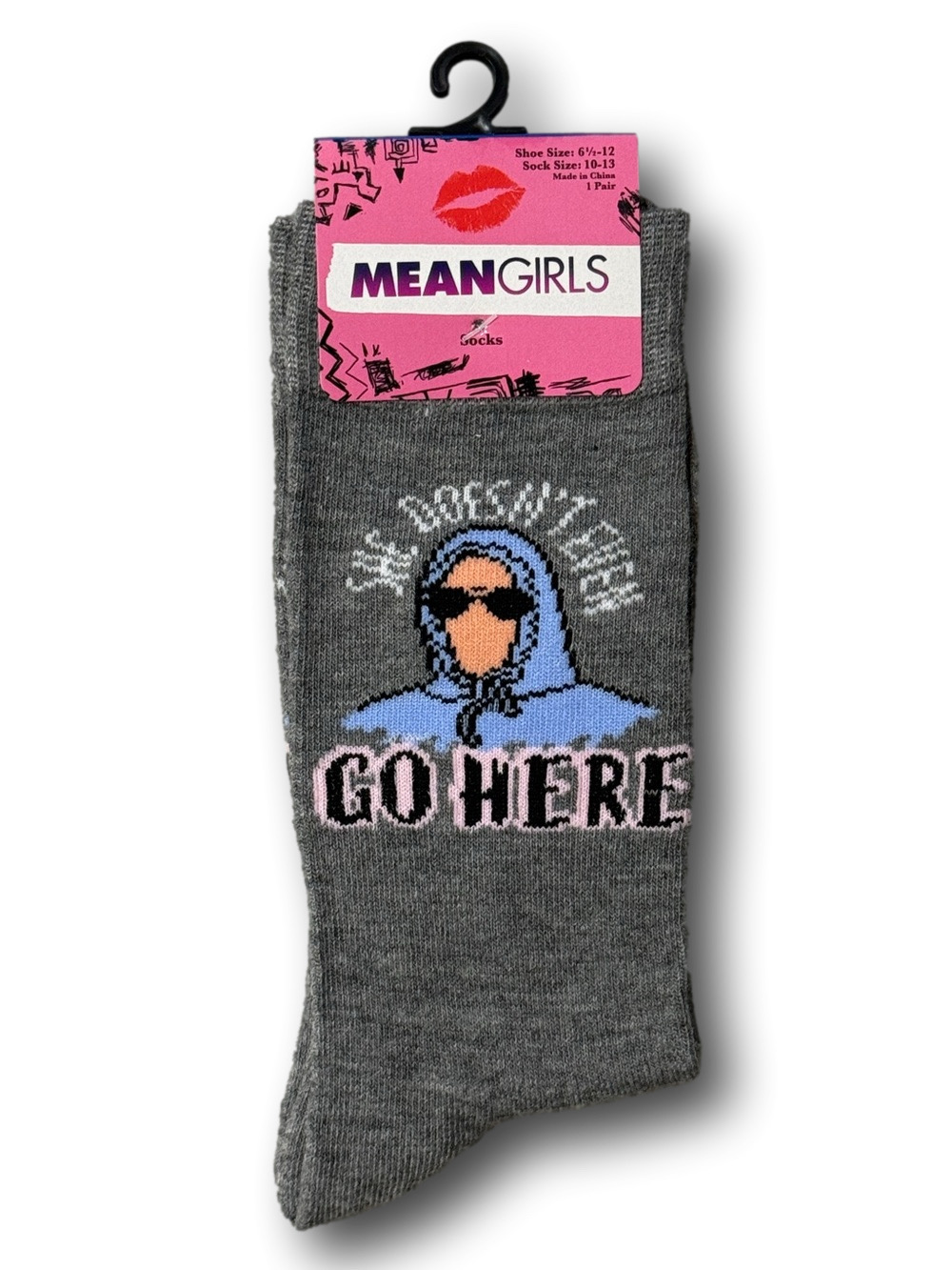 3/$20 Mean Girls "She Doesn't Even Go Here" Funny Novelty Crew Socks - NWT